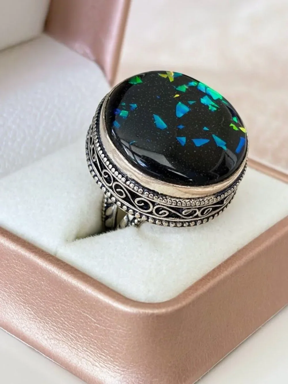 Simulated Fire Black Opal Round Stone Statement Ring 925 Silver Plated - Size 7